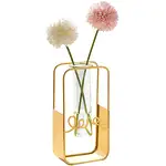 Vază decorativă dreptunghiulară, din metal auriu și sticlă transparentă 