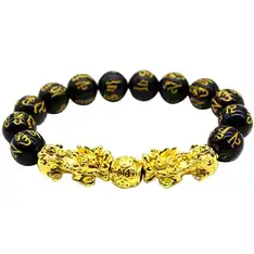 Bratara Pi Xiu cu mantre pe piatra obsidian tratat 14 mm, pentru atragerea bogatiei si noroc, elastica negru cu auriu