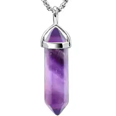 Pandantiv Ametist, piatra spiritualității, set lănțisor oțel inoxidabil si cristal natural hexagonal 34 mm dublu vârf violet