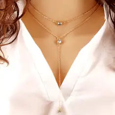 Colier dublu choker cu trei strasuri cristal elegant, auriu
