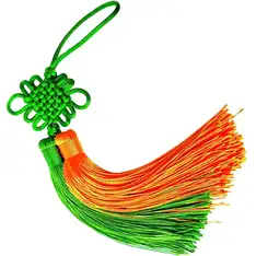 Nod mistic verde orange, amuleta feng shui pentru bani, canaf ciucuri textil