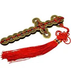 Sabia XXL 38 Monede chinezesti, impotriva invidiilor si furtului, amuleta feng shui Pi Hsien Chien, 45 cm metal auriu cu snur rosu