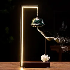 Fantana backflow 2 flori de lotus, suport conuri parfumate si betisoare,  lumina led 50 cm