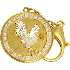 Breloc Cocoș, amuletă dragoste floare de piersic pentru zodiile Șobolan, Dragon și Maimuță, metal 10 cm