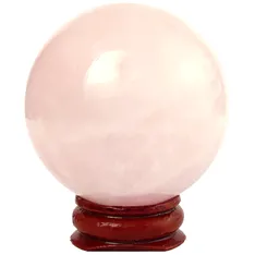 Sfera cuart roz, piatra dragostei, sfere de cristal 5-6 cm suport lemn