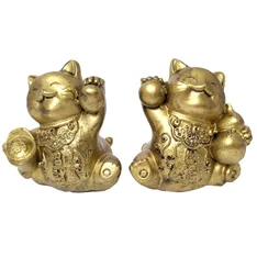 2 Pisici Maneki Feng Shui, obiect decor casa sau birou, set pentru bani și prosperitate, rășină aurie 6 cm