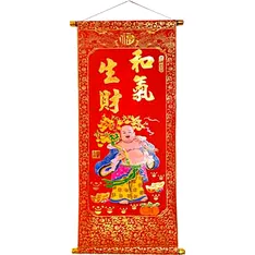 Stampa Budda vesel cu pepite, remediu pentru bani, tablouri decorative din catifea rosie, 83 cm