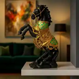 Statuie cal negru cu șa aurie