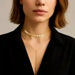 Choker colier dublu cu salba de banuti si lantisor lung cu pandantiv tip ac