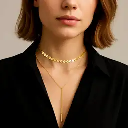 Imagine Choker colier dublu cu salba de banuti si lantisor lung cu pandantiv tip ac