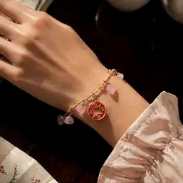 Imagine Brățară Boho Cuarț roz cu ideograma prosperității