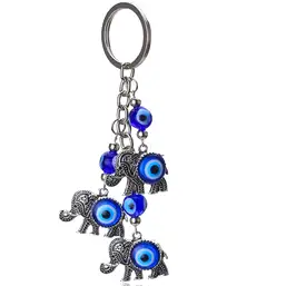 Imagine Breloc 3 elefanți cu trompa în sus si ochi albastru norocos