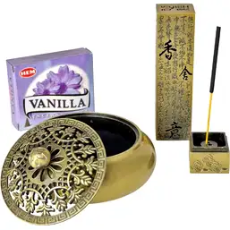 Imagine Set cadou doua suporturi de conuri din metal cu mantre fericire si conuri parfumate aroma de Vanilie