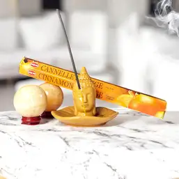 Imagine Set cadou 2 sfere calcit cu suport Buddha și cutie bețișoare parfumate Cinnamon Orange
