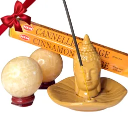 Set cadou 2 sfere calcit cu suport Buddha și cutie bețișoare parfumate Cinnamon Orange