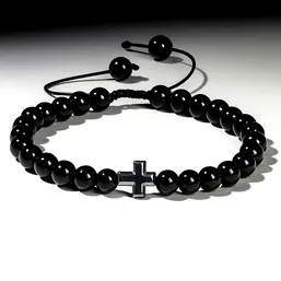 Brățară Agate negre cu cruciuliță Hematit