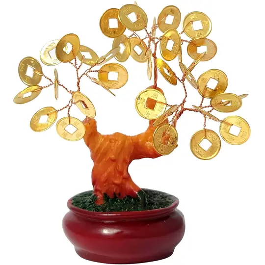 Copacul banilor, cu monede chinezesti pentru bogatie, 12 cm auriu |  Zodiacool