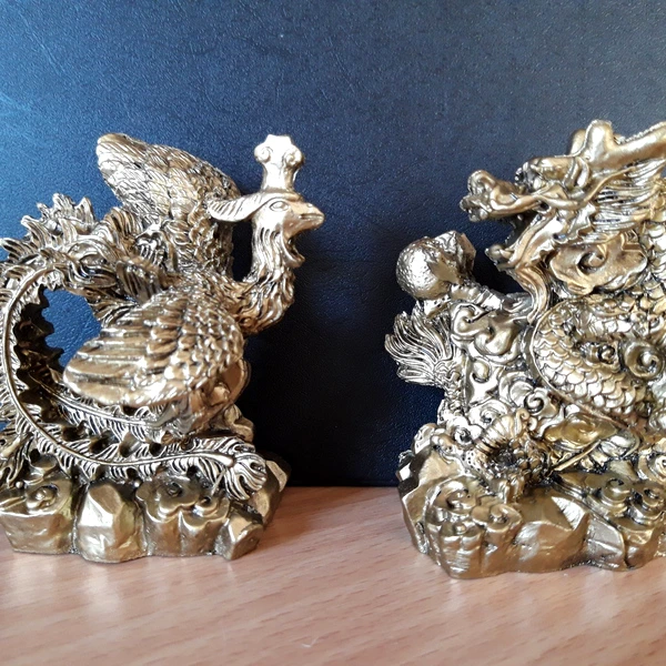 Phoenix cu Dragon, set 2 statuete feng shui puternice pentru dragoste, casnicie fericita si de durata, auriu