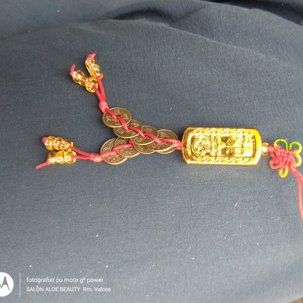 Amuleta cu lingou cu ideograme de bogatie si monede Feng Shui, auriu cu snur rosu