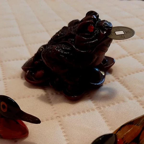 Broasca norocoasa Feng Shui, pe soclu de monede si pepite, statueta piatra 9 cm rosu