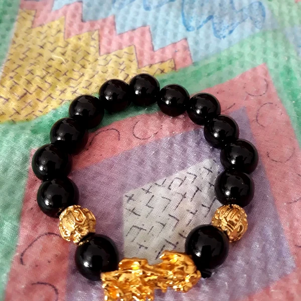 Bratara 2 Pi Xiu, mantre prosperitate pe piatra obsidian tratat 14 mm, femei barbati, elastica negru auriu