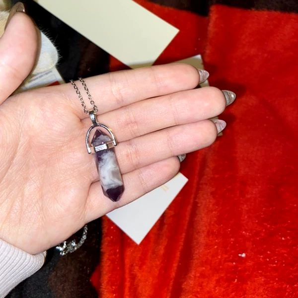 Pandantiv Ametist, piatra spiritualității în set cu lănțisor oțel inoxidabil, cristal natural hexagonal 34 mm dublu vârf violet