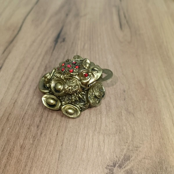 Broasca Feng Shui cu pietre rosii si monede, talisman pentru bani, noroc si bogatie in casa, statueta auriu 55 mm