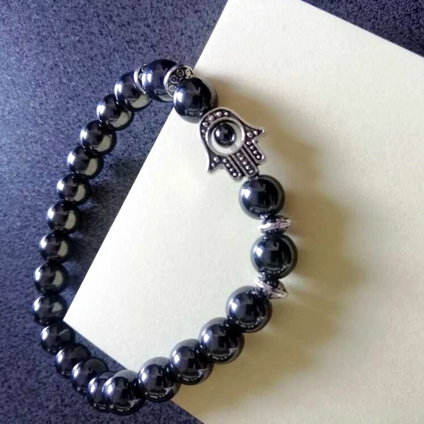 Bratara piatra Hematit cu mana Fatimei, talisman de protectie, femei barbati, elastica negru
