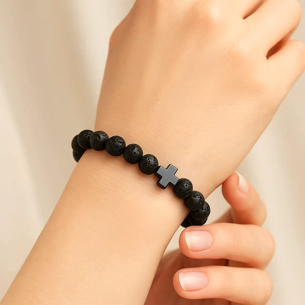 Bratara roca vulcanica lava si cruciulita hematit, femei si barbati, elastic