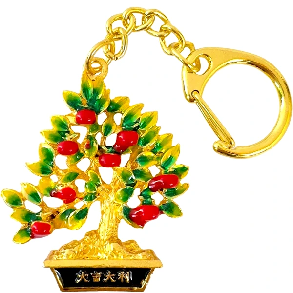 Breloc Copacul vieții cu lingouri, amuletă feng shui pentru bani și prosperitate, metal multicolor 9.5 cm