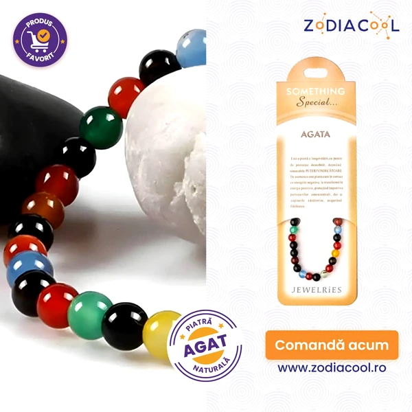 Set bratara Agata multicolor cu felicitare personalizata, talisman impotriva energiilor negative, pietre semipretioase rotunde 6 mm elastica