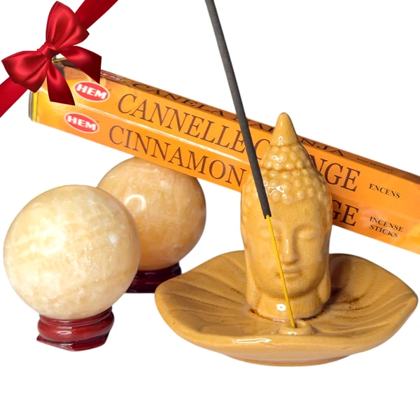 Set cadou 2 sfere calcit cu suport Buddha și cutie bețișoare parfumate Cinnamon Orange, împachetare cadou