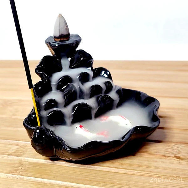 Fântână Pești, suport de aromaterapie cu 2 conuri backflow, ceramică 7.5 cm negru