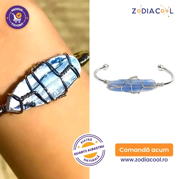 Bratara rigida cuart albastru, cristal oval, metalic argintiu