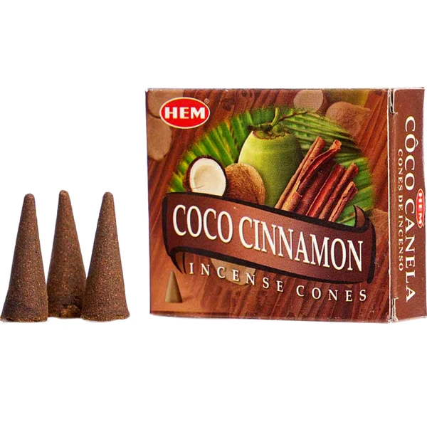 Conuri parfumate Cocos si Scortisoara, gama profesioanala HEM Precious Coconut Cinamon, 10 buc aromaterapie suport metalic inclus