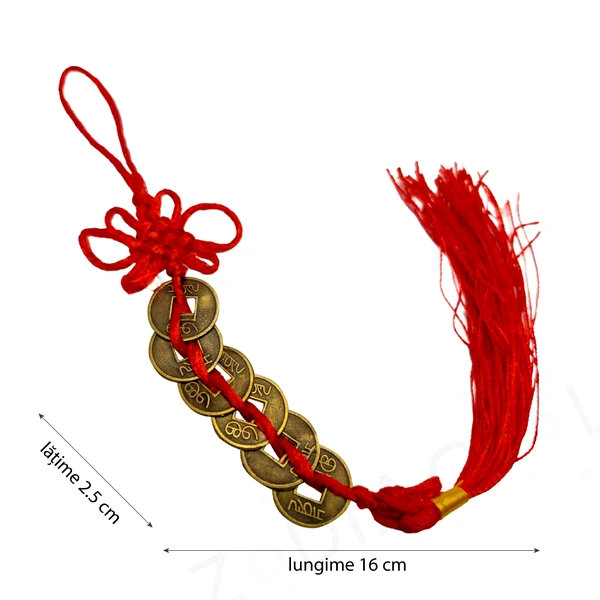 Amuleta bani cu 6 monede chinezesti feng shui, șirag rosu