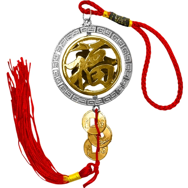 Amuleta anti accidente feng shui, cu monede norocoase, auriu sirag rosu