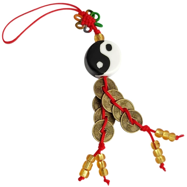 Amuleta Yin Yang si monede norocoase sau ardei, armonie si protectie de energii negative, alb negru snur rosu
