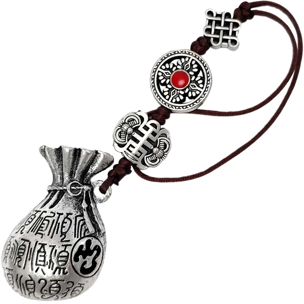 Desaga bogatiei cu lilieci si nod mistic, amuleta feng shui pentru bani, accesoriu decorativ metal calitate argintiu snur