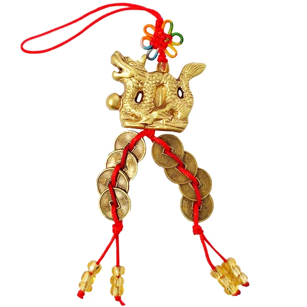 Dragon cu perla nemuririi si 8 monede norocoase, amuleta feng shui pentru oportunitati in cariera si afaceri, auriu snur rosu
