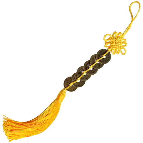 Nod mistic galben cu 6 monede chinezesti, amuleta pentru protectie si noroc bani, galben 32 cm