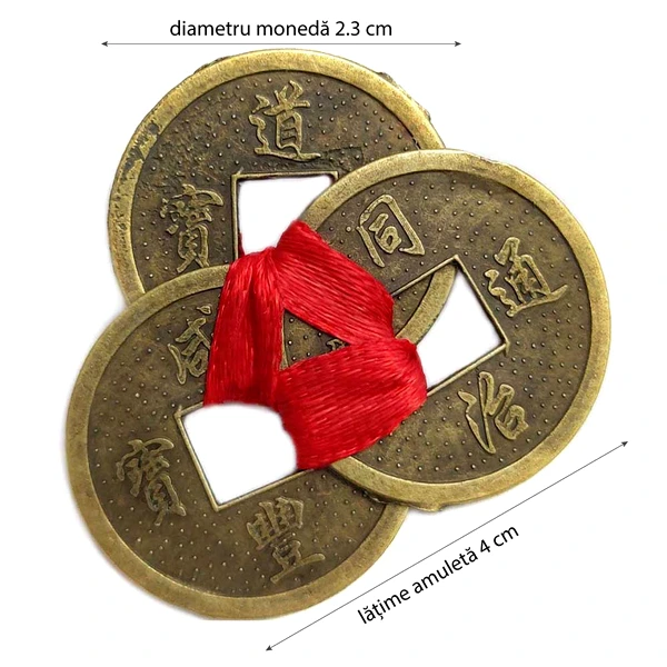 Amuleta trei monede chinezesti legate cu fir rosu, pentru protectia de pierderi si ghinioane