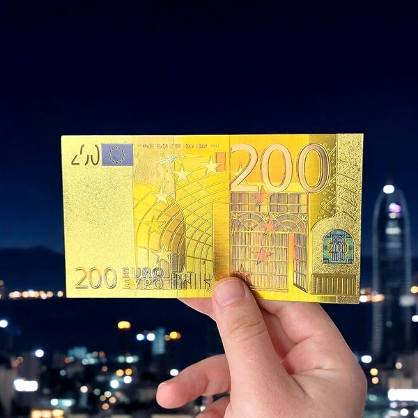 Bancnotă metalică 200 euro, amuletă pentru activarea abundenței, polimer de calitate auriu 15 cm