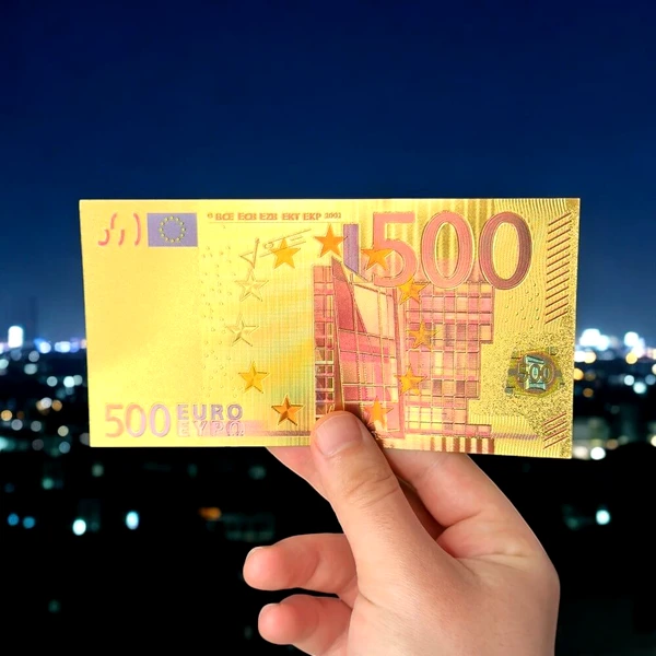 Bancnotă metalică 500 euro, amuletă pentru bani, polimer 15 cm