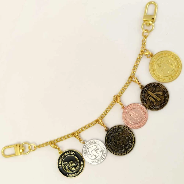 Charmuri cinci elemente, amuleta pentru noroc, accesoriu la geanta si imbracaminte, aurie, 21 cm