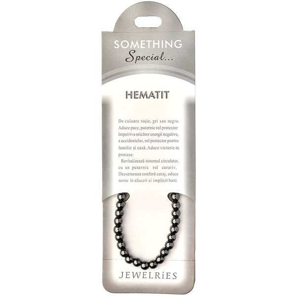 Set bratara Hematit cu felicitare personalizata, piatra protectie 6 mm, femei barbati elastica negru