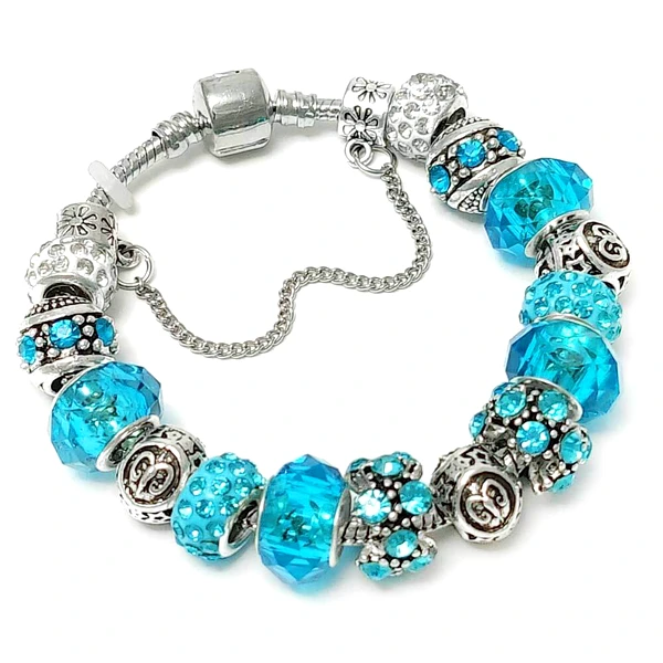 Brățară zodia Berbec tip Pandora, suflată cu argint cu strasuri montate în charmuri, inox solid de calitate turcoaz 19 cm