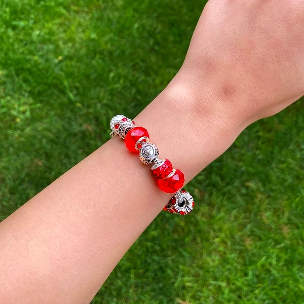 Brățară zodia Scorpion tip Pandora, suflată cu argint cu strasuri montate în charmuri, inox solid de calitate roșu 19 cm
