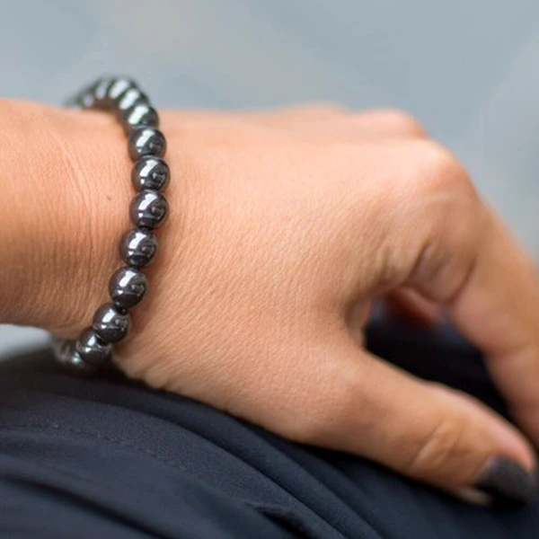 Set bratara Hematit cu felicitare personalizata, piatra protectie 6 mm, femei barbati elastica negru