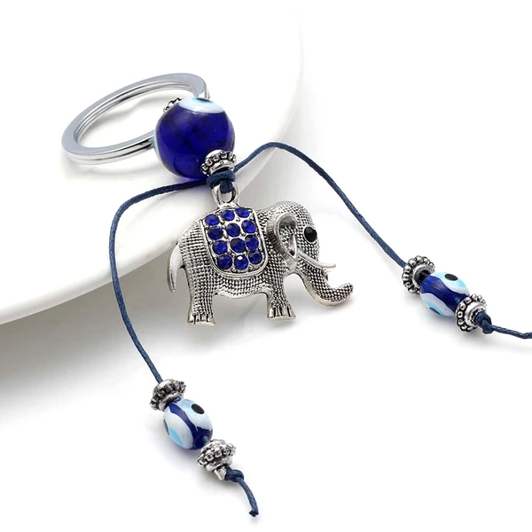 Breloc Nazar cu elefant, amuletă feng shui pentru protecție împotriva energiilor negative și prosperitate, metal solid argintiu 14 cm